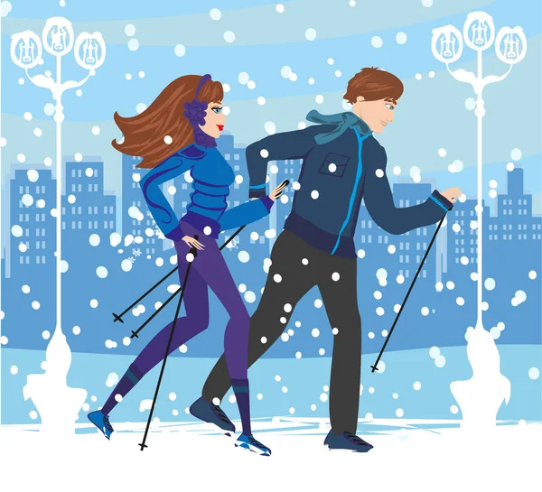 Couple Nordic walking in winter — Stock Vector