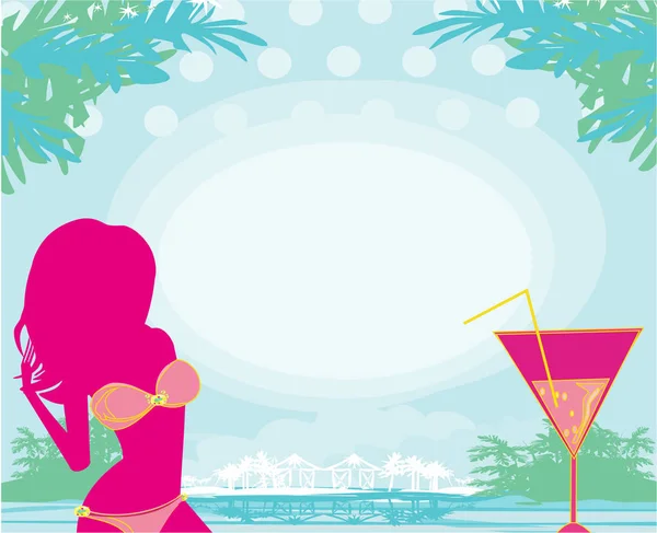 Летняя девушка и коктейль на фоне моря и пальм — стоковый вектор