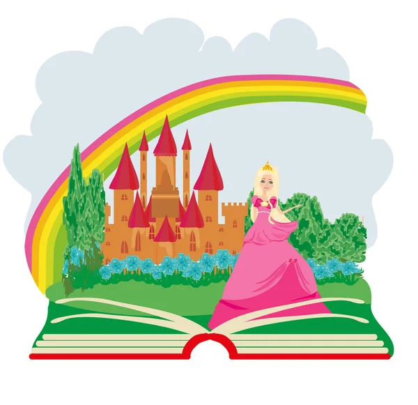 Μαγικό βιβλίο - όμορφη νεαρή βασίλισσα μπροστά από το κάστρο της — Διανυσματικό Αρχείο