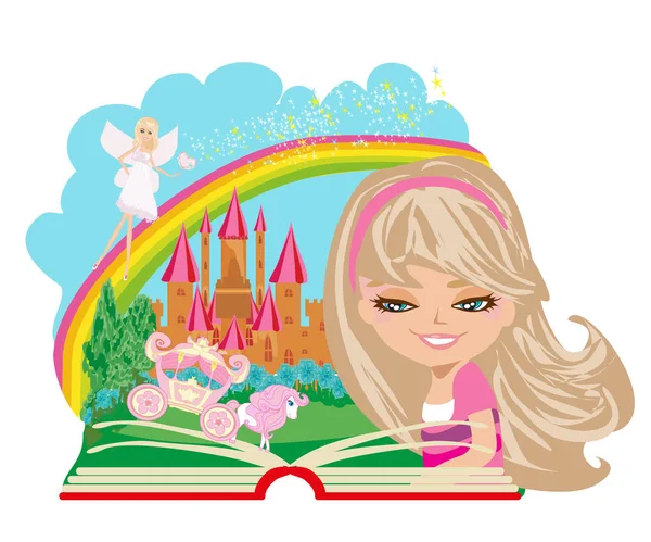 Little girl reading magic book — Stock Vector