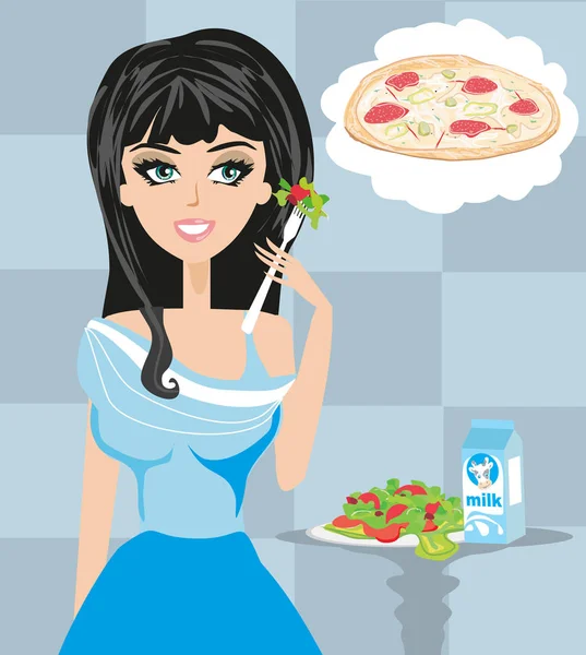 Woman on a diet dreaming of pizza — Stock Vector