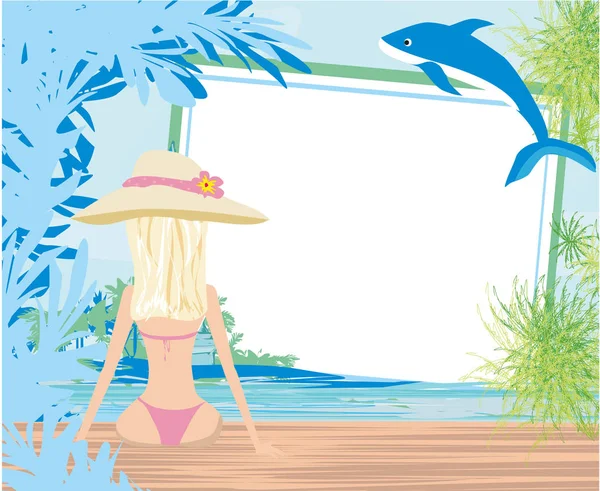 Deniz ve palmiye ağaçları arka plan üzerine yaz kız — Stok Vektör