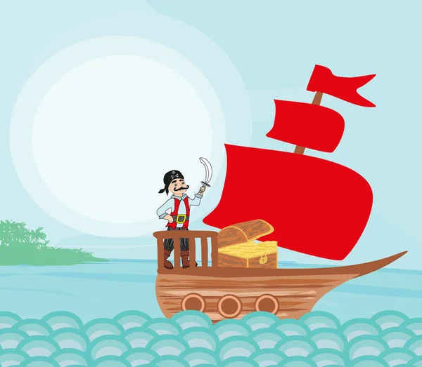 Γελοιογραφία πειρατικό πλοίο πλέει στη θάλασσα — Διανυσματικό Αρχείο