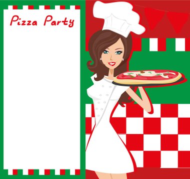 Gülümseyen garson pizza servisi, mesajınız için yer