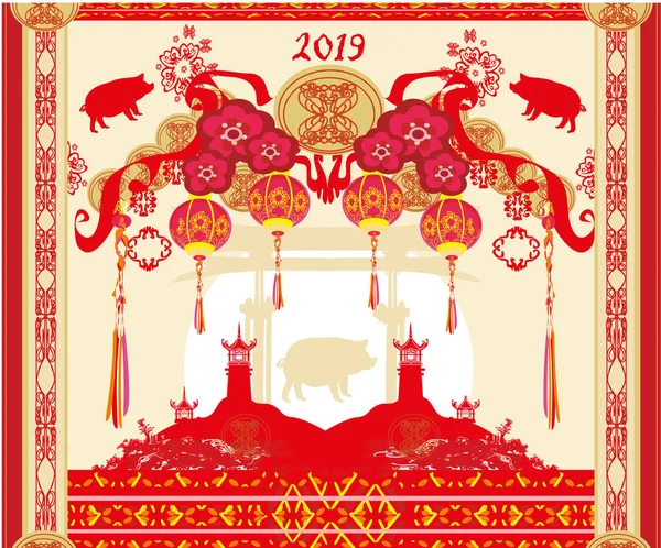 Chinese zodiac the year of Pig - frame — Stock Vector