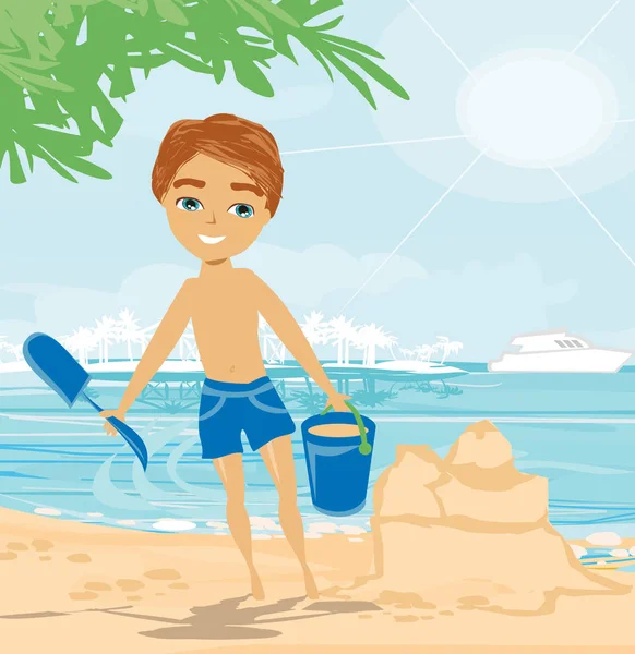 Niño jugando a la arena en la playa tropical — Vector de stock