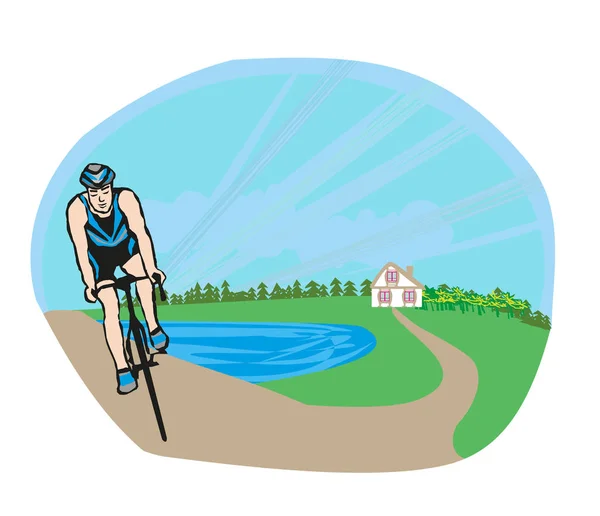Cycling man on field landscape — Stock Vector