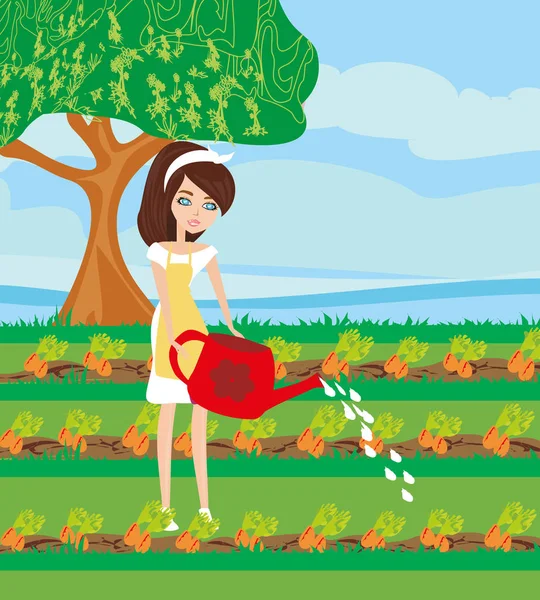 Mujer regando una zanahoria en el jardín — Vector de stock