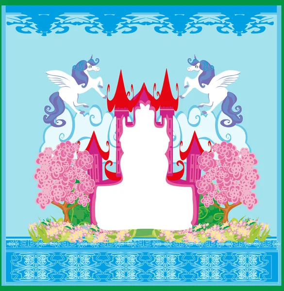 Beautiful unicorn and fairy-tale princess castle frame — Stock Vector