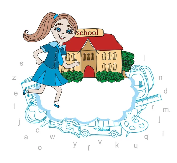Girl going to school - card — Stock Vector