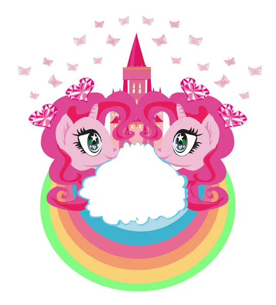 Lindos unicornios y castillo de princesa de cuento de hadas — Vector de stock