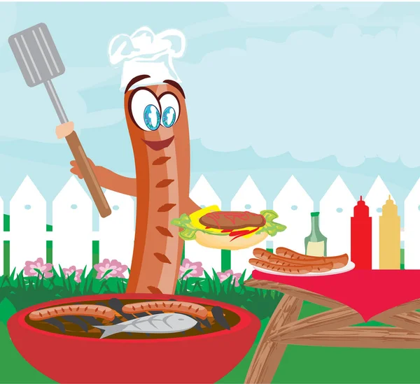 Barbecue Party, Cheerful sausage - funny invitation — Stock Vector