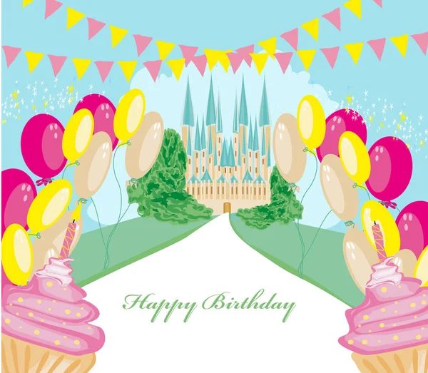 Verjaardagskaart met muffins en kasteel — Stockvector