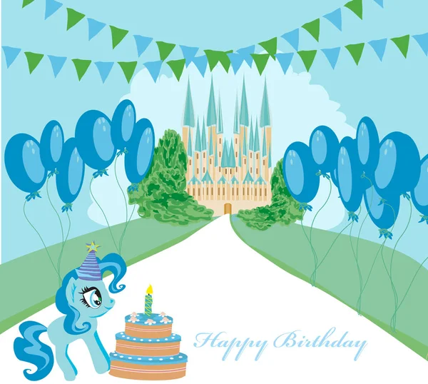 Tek boynuzlu at ve doğum günü pastası ile kartı — Stok Vektör
