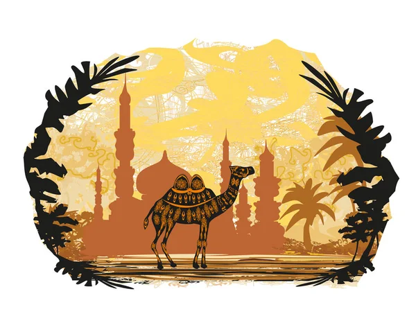 Camel , building and palm trees — Stock Vector