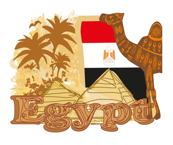 Vintage banner met piramides giza, vlag en kameel — Stockvector