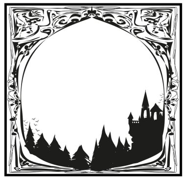 Kale ve mezarlıkla Cadılar Bayramı çerçevesi.