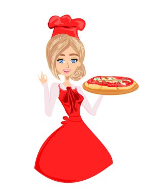 Kadın pizza yemek. Şef. Beyaz bir arka plan üzerinde izole.