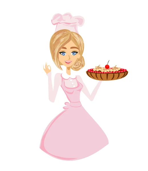 Beautiful lady confectioner serves chocolate cake with cherry — Stock Vector