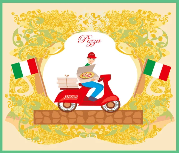 Pizza delivery man on a motorcycle -  Abstract card — Stock Vector