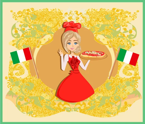 Pizza italiana gustosa e chef donna. Scheda decorativa astratta . — Vettoriale Stock