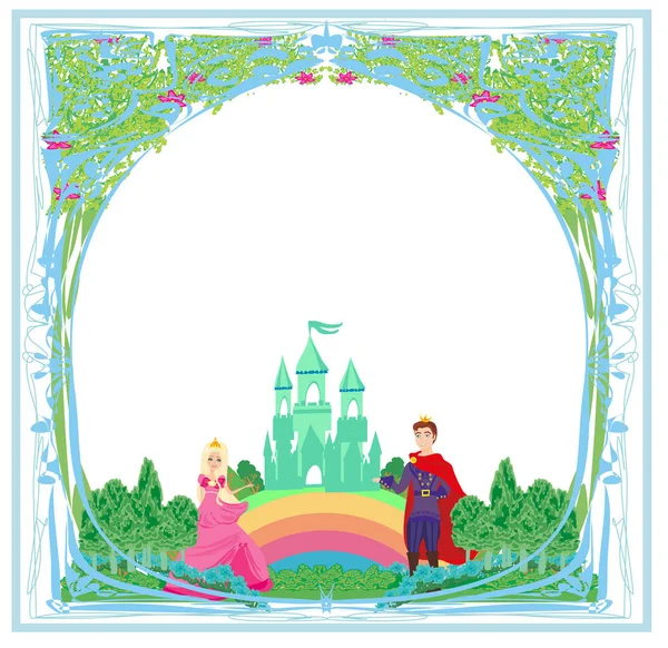 Hermoso príncipe y princesa en el jardín - marco — Vector de stock