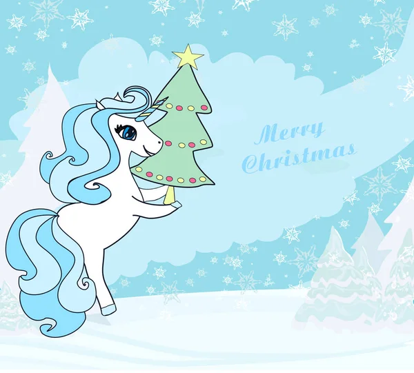 Illustrazione di unicorno con albero di Natale — Vettoriale Stock