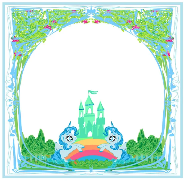 Hermoso castillo de cuento de hadas y lindos unicornios - marco — Vector de stock