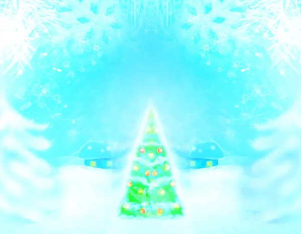 Julgran med ljus, Vackert vinterlandskap — Stockfoto