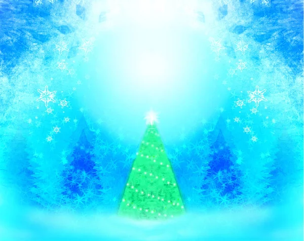 Kerstboom met verlichting, Prachtige winterachtergrond — Stockfoto