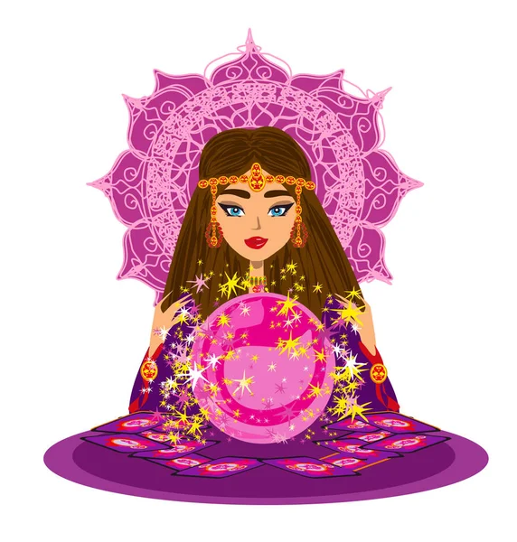 Fortune Teller Mujer lee el futuro de la bola de cristal — Vector de stock