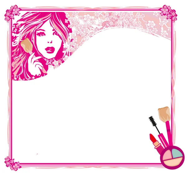 Banners con mujer hermosa con estilo y un conjunto de cosméticos de maquillaje — Vector de stock