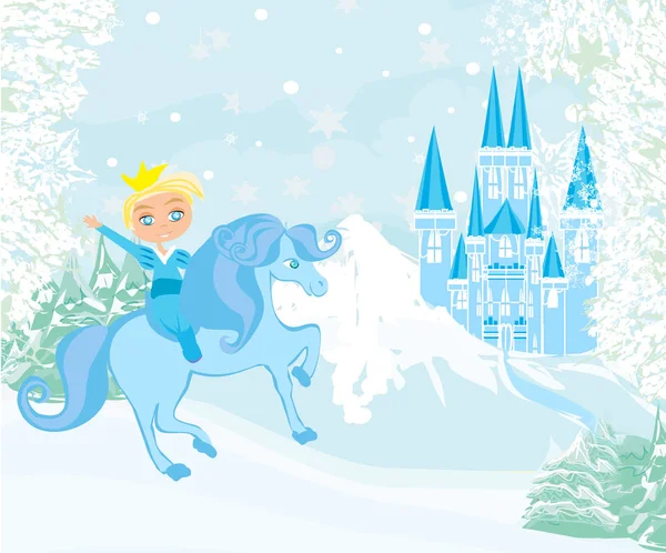 Paysage hivernal avec château et prince chevauchant un cheval — Image vectorielle