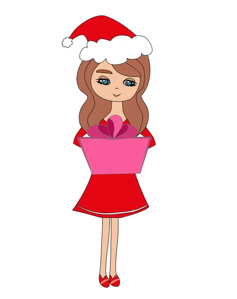 Sweet girl in Christmas inspired costume holding a present — Stock Vector