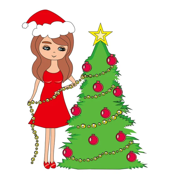 Beautiful girl decorates the Christmas tree — Stock Vector