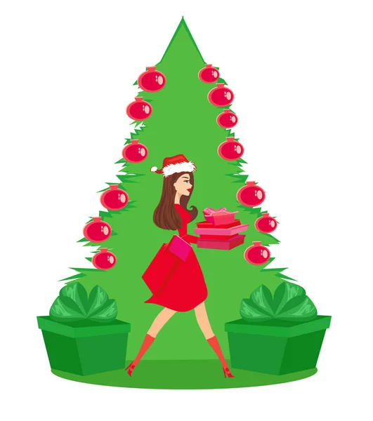 Hermosa chica en traje inspirado en Navidad, compras de vacaciones c — Archivo Imágenes Vectoriales