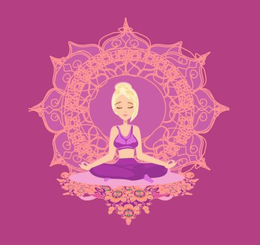 Lotuslu kız meditasyon yapıyor, soyut dekoratif kart.