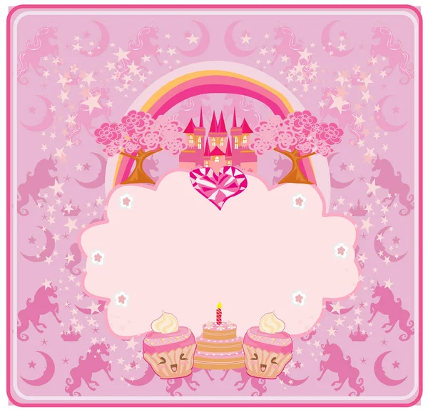 Verjaardagskaart met verjaardagstaart, muffins en kasteel — Stockvector