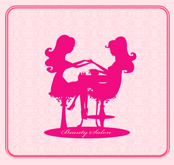 manicure in beauty salon, pink decorative card