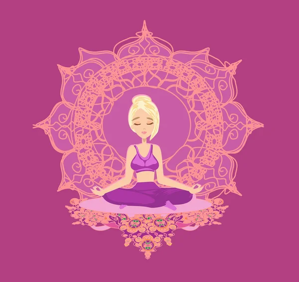Chica en pose de loto meditando, tarjeta decorativa abstracta — Vector de stock