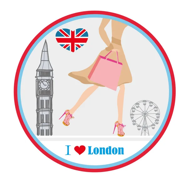 Mujer de compras en Londres - tarjeta — Vector de stock