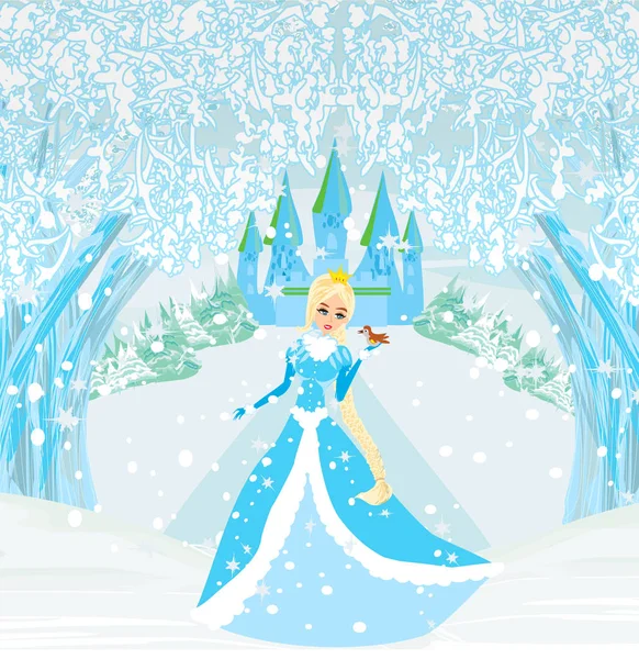 Paisaje de invierno con castillo y hermosa princesa — Vector de stock