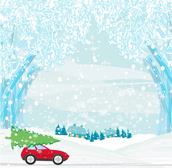 屋根の上にクリスマスツリーを持つ車 — ストックベクタ