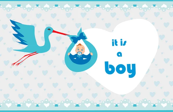 Baby Boy Card - аист рожает симпатичного мальчика. — стоковый вектор