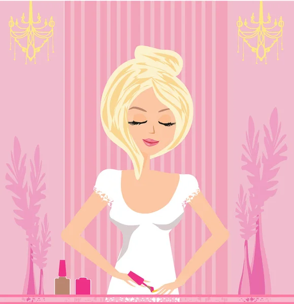 Beautiful girl painting nails at home — Stock Vector