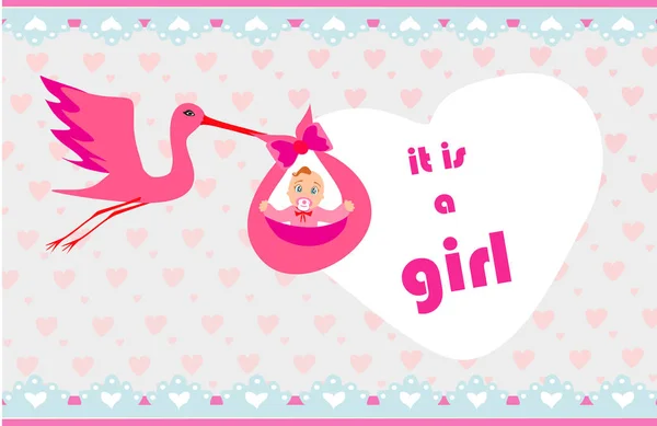 Baby girl Card -かわいい赤ちゃんの女の子を提供するコウノトリ. — ストックベクタ