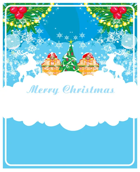 Abstract Christmas card - reindeers and snowy holiday city — Stock Vector
