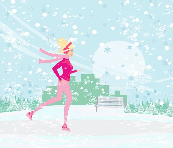 Красивая стройная девушка бежит зимой — стоковый вектор
