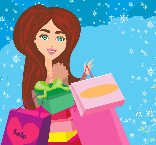 Winter meisje met geschenkdoos, kaart — Stockvector
