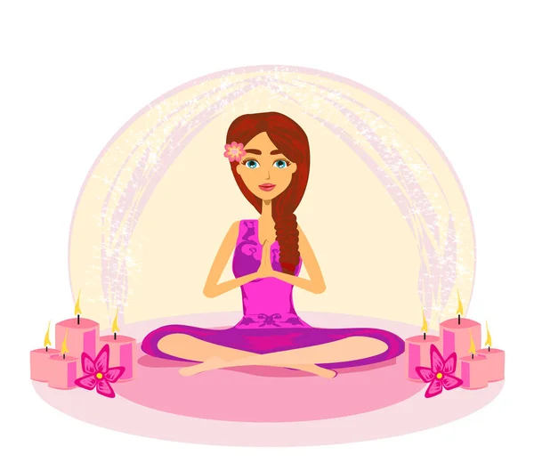 Flicka mediterar i lotusställning. — Stock vektor
